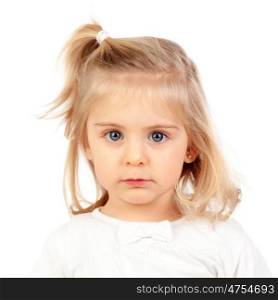 Pretty blonde baby girl with blue eyes isolated on a white background
