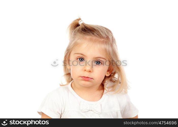 Pretty blonde baby girl with blue eyes isolated on a white background