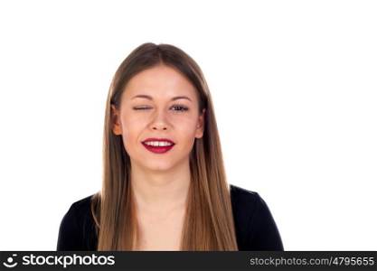 Pretty blonde girl winking a eye isolated on a white background