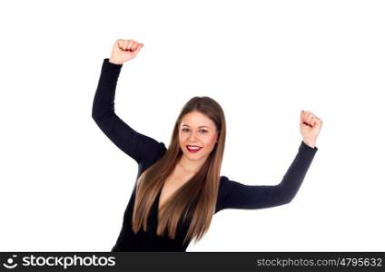 Pretty blonde girl with arms up celebrating something isolated on white background