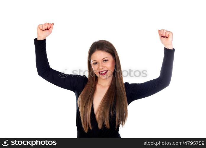 Pretty blonde girl with arms up celebrating something isolated on white background