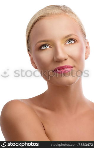 pretty blonde girl with naked shoulders and colored make-up, she smiles and looks up