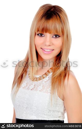 Pretty blonde teenager isolated on a white background