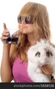 Pretty blonde with a little rabbit. Isolated