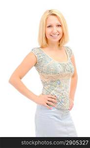 Pretty blonde with hands on hips over white background
