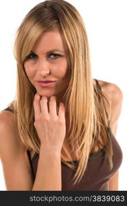 Pretty blonde woman in a brown tank top