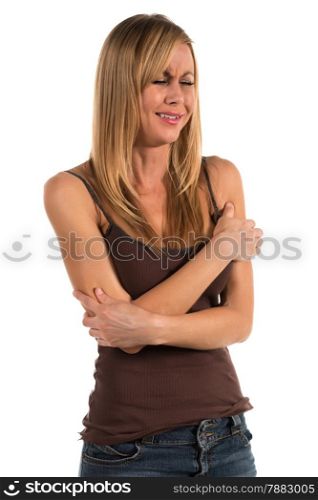 Pretty blonde woman in a brown tank top