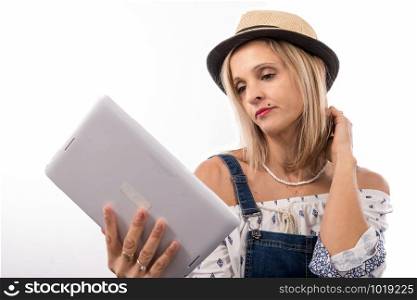pretty blonde woman with digital tablet, on white
