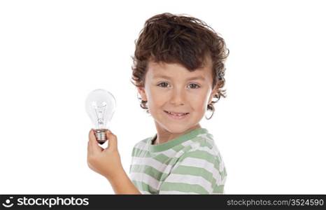 Pretty boy with a bulb in his hand isolated on white