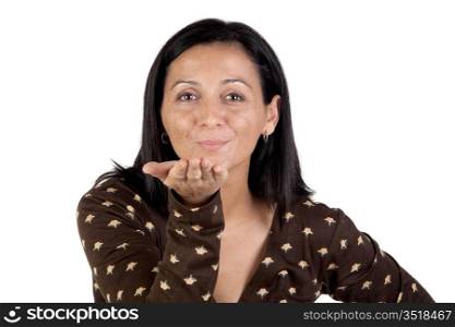 Pretty brown girl throwing a kiss isolated on white background