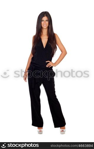 Pretty brunette girl dressed in black isolated on a white background