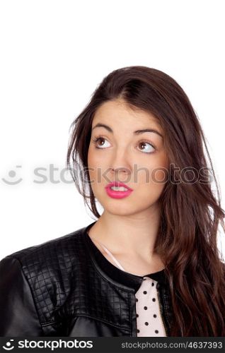 Pretty brunette girl with pink lipstick isolated on white background