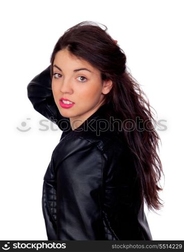 Pretty brunette girl with pink lipstick isolated on white background