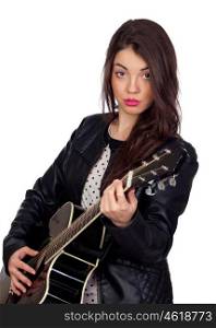 Pretty brunette musician with a guitar isolated on white background