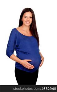Pretty brunette pregnant woman isolated on a white background