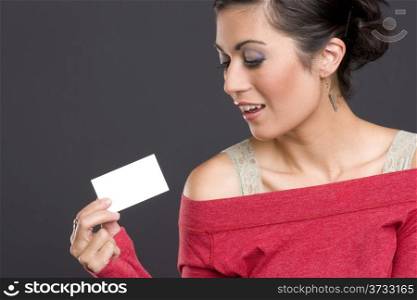 Pretty Brunette Woman holding a blank business card