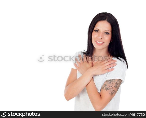 Pretty brunette woman in love showing a hug isolated on white