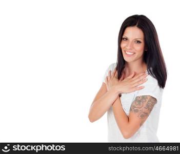 Pretty brunette woman in love showing a hug isolated on white
