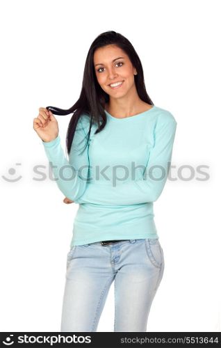 Pretty brunette woman with long hair isolated on white background