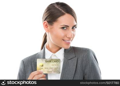 Pretty business woman holding new credit card