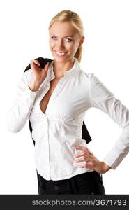 pretty business woman with with white shirt and dark jacket, she looks in to the lens and smiles, takes the jacket behind the shoulder with right hand