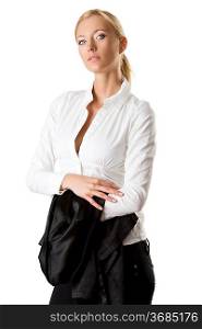 pretty business woman with with white shirt and dark jacket, she looks in to the lens and takes the jacket on the right arm