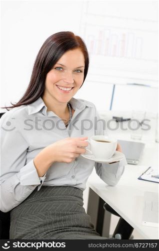 Pretty businesswoman drink coffee at modern office enjoy break