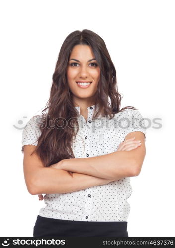 Pretty businesswoman in a stylish miniskirt isolated on white