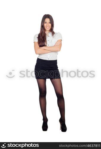 Pretty businesswoman in a stylish miniskirt isolated on white