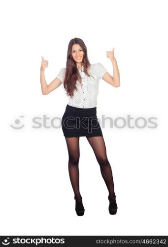 Pretty businesswoman in a stylish miniskirt saying Ok isolated on white