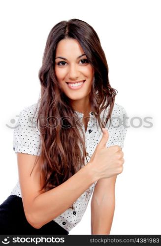 Pretty businesswoman saying Ok isolated on a white background