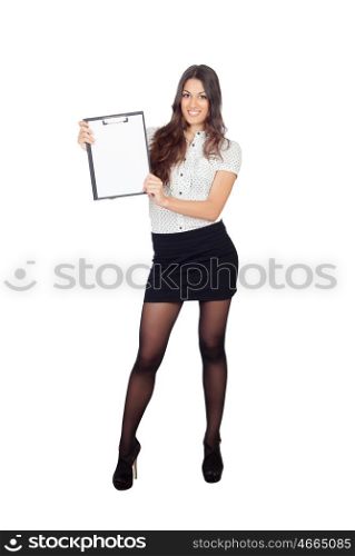 Pretty businesswoman with a clipboard isolated on a white background