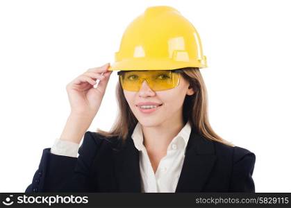 Pretty businesswoman with hard hat and in protective eyeglasses isolated on white