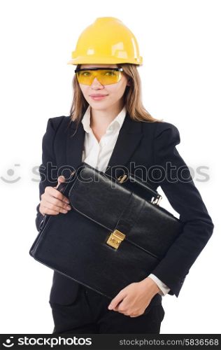 Pretty businesswoman with hard hat and portfolio isolated on white