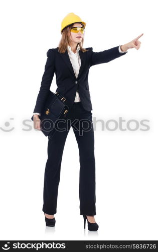 Pretty businesswoman with hard hat and portfolio pressing virtual buttons isolated on white