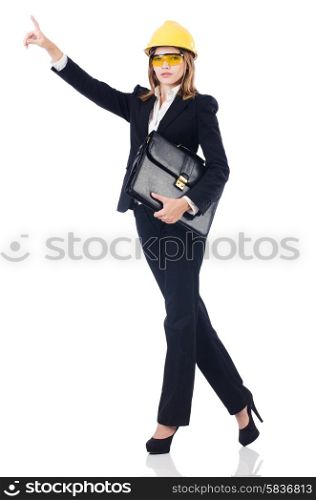 Pretty businesswoman with hard hat and portfolio pressing virtual buttons isolated on white