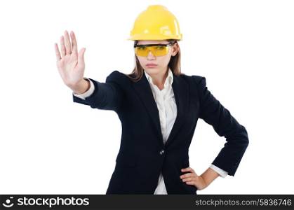 Pretty businesswoman with hard hat isolated on white