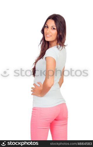 Pretty casual girl back isolated on a white background