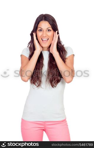 Pretty casual girl screaming isolated on a white background