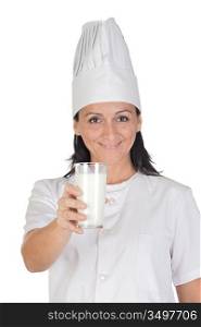 Pretty cook girl drinking milk isolated on white background