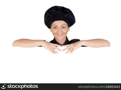 Pretty cook girl on a blank poster isolated on white background
