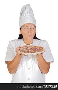 Pretty cook girl smelling delicious pizza isolated on white background