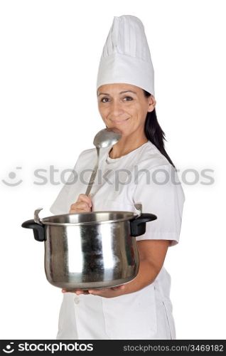 Pretty cook girl thinking with a pot and ladle isolated on white background