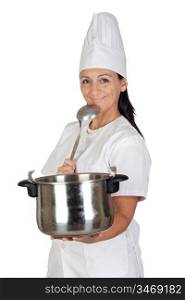 Pretty cook girl thinking with a pot and ladle isolated on white background