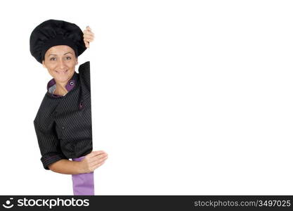 Pretty cook girl with a blank poster isolated on white background