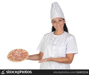 Pretty cook girl with a delicious pizza isolated on white background