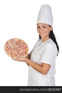 Pretty cook girl with a delicious pizza isolated on white background