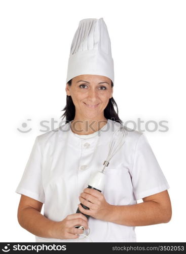 Pretty cook girl with a mixer isolated on white background