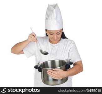 Pretty cook girl with a pot and ladle isolated on white background