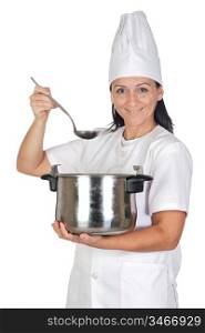 Pretty cook girl with a pot and ladle isolated on white background
